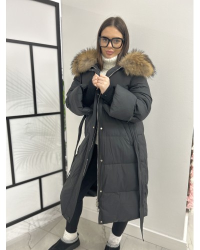 Kurtka taliowana długa z kapturem czarna