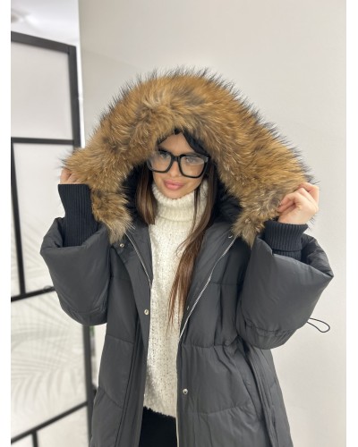 Kurtka taliowana długa z kapturem czarna