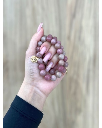 Bransoletka różowy rodonit By o la la...! ze złotą zawieszką