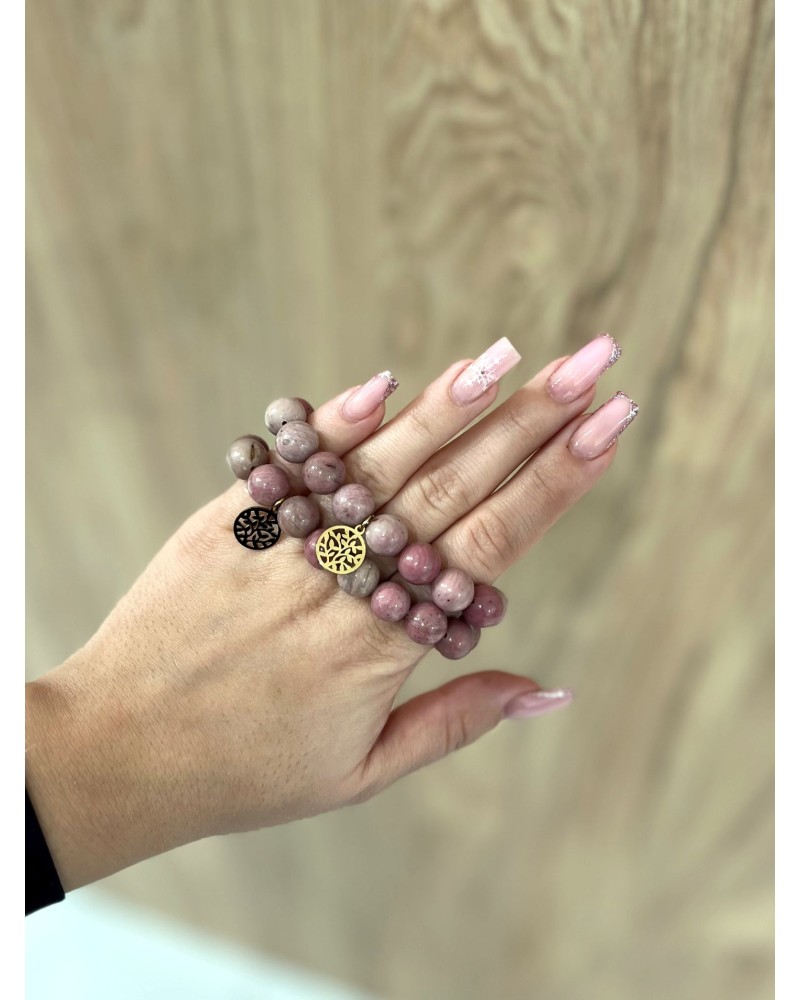 Bransoletka różowy rodonit By o la la...! ze złotą zawieszką