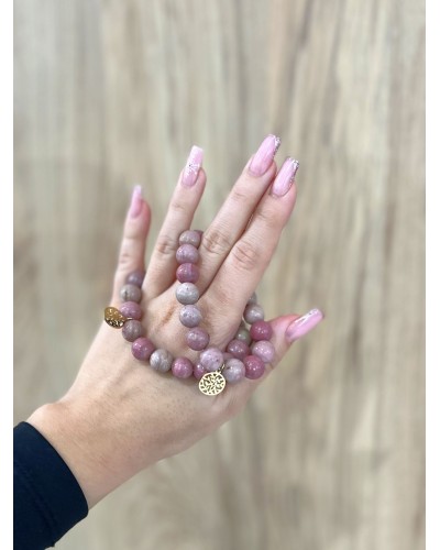 Bransoletka różowy rodonit By o la la...! ze złotą zawieszką