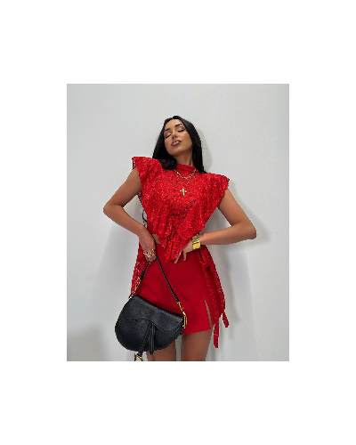 Koronkowa bluzka z falbanką La Milla czerwona