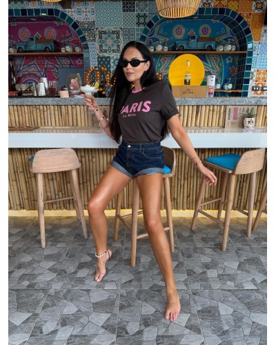 T-shirt La Milla PARIS czekoladowy z różowym