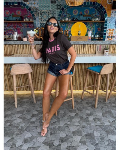 T-shirt La Milla PARIS czekoladowy z różowym