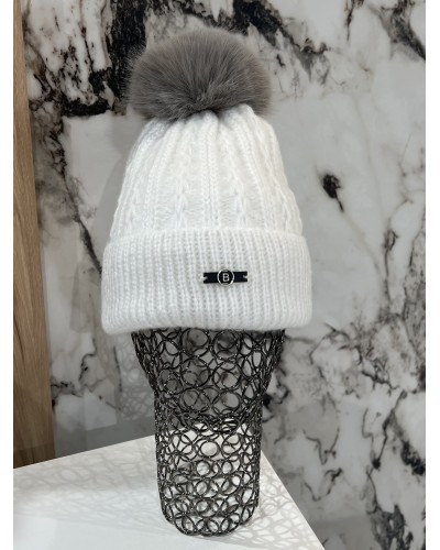 Czapka z szarym pomponem By o la la...! biała