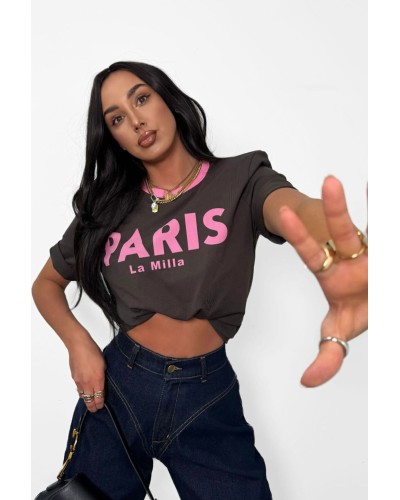 T-shirt La Milla PARIS czekoladowy z różowym