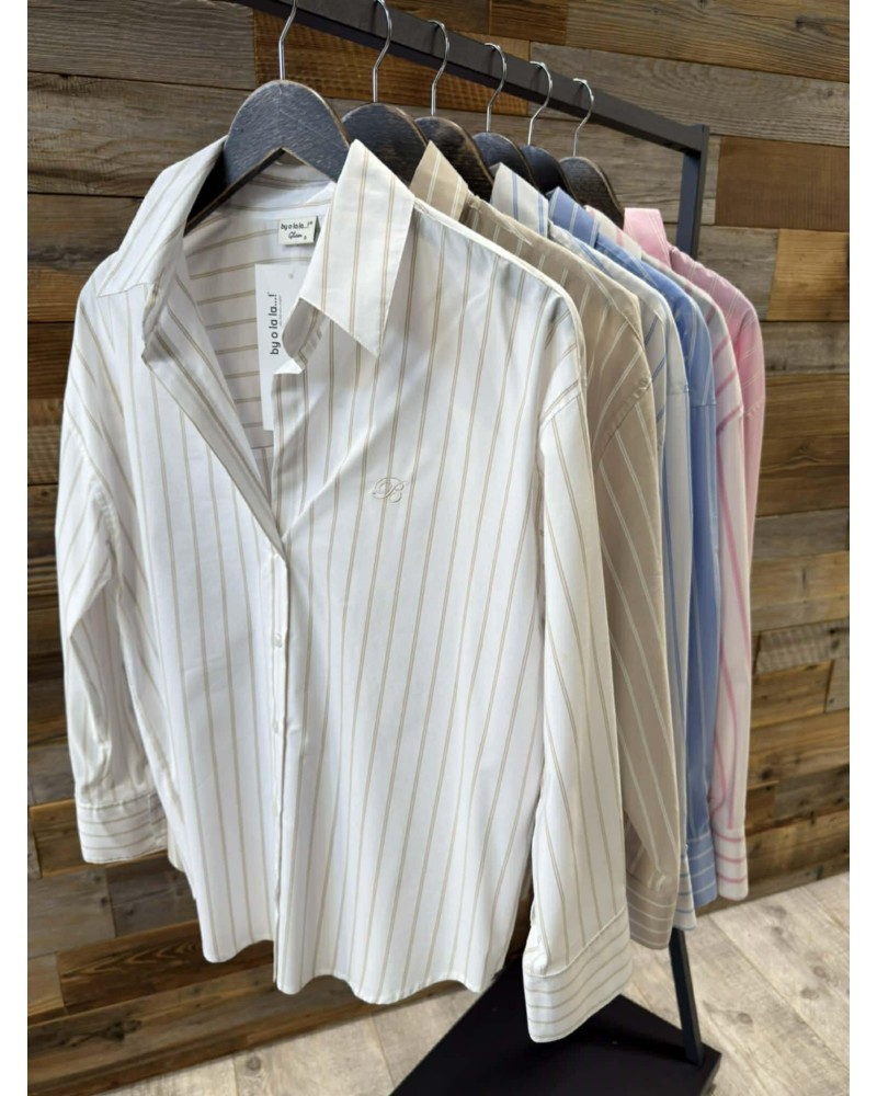 Koszula w paski logo By o la la...! biała z beżem