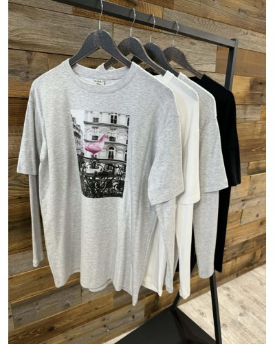 Bluzka z gołębiem By o la la...! szary melanż z różem