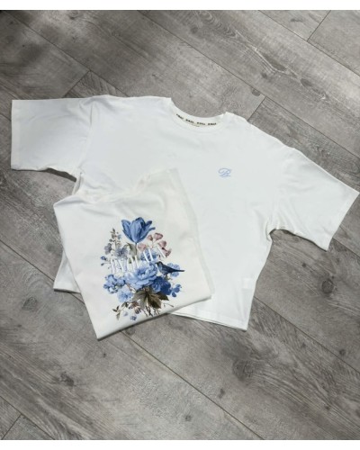 T-shirt z kwiatowym tyłem By o la la...! biały z denimem
