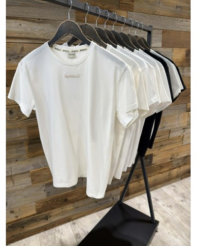 T-shirt z napisem By o la la...! biały z denimem