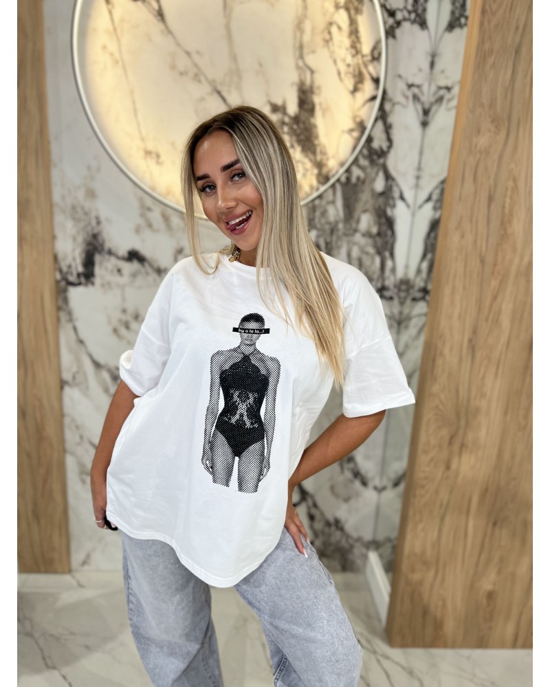 T-shirt z modelką w body By o la la...! biały z czernią