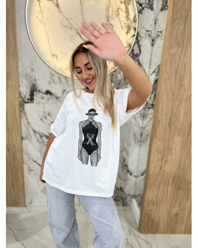 T-shirt z modelką w body By o la la...! biały z czernią