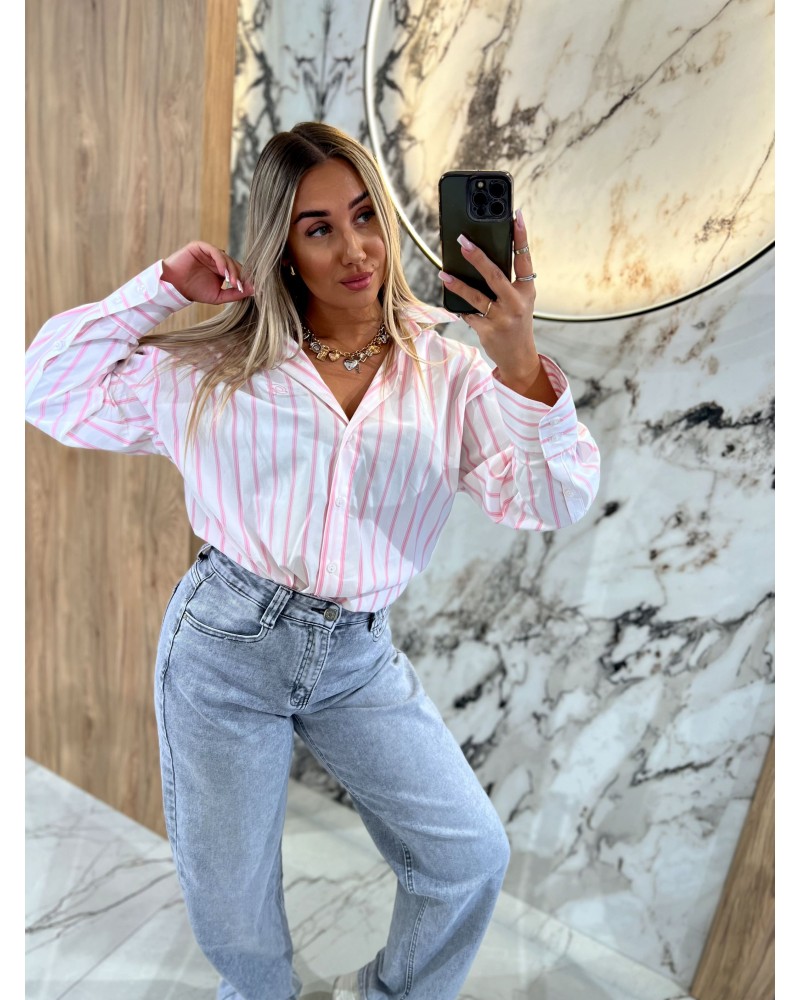 Koszula w paski logo By o la la...! biała z różem