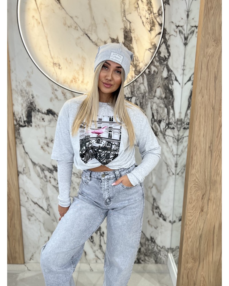 Bluzka z gołębiem By o la la...! szary melanż z różem