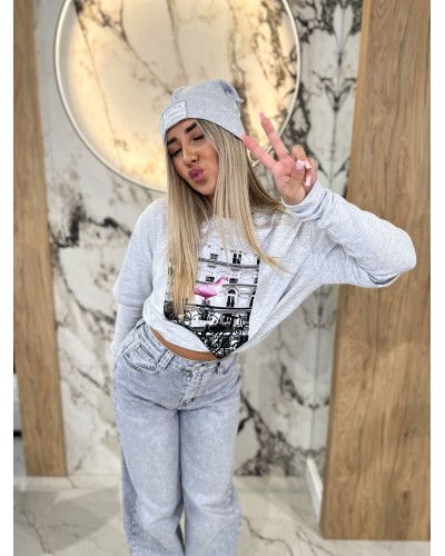 Bluzka z gołębiem By o la la...! szary melanż z różem