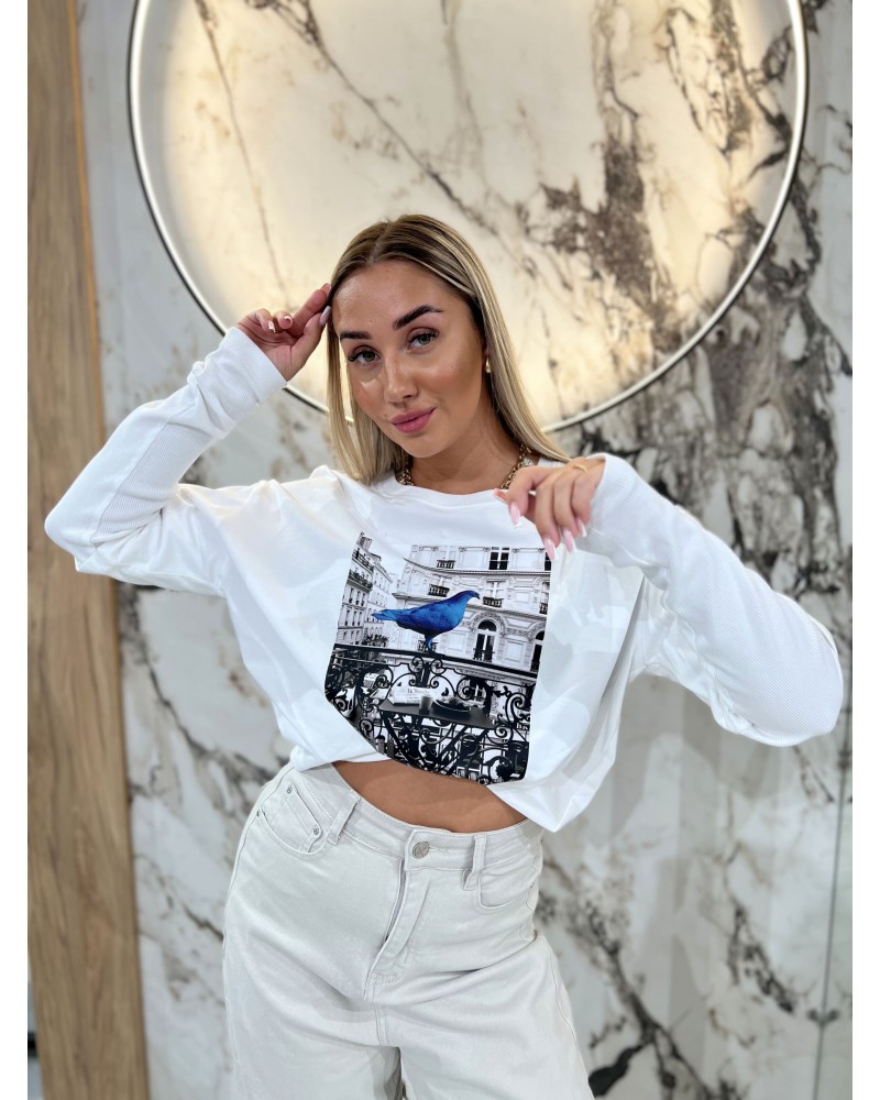 Bluzka z gołębiem By o la la...! śmietana i denim