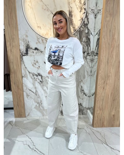 Bluzka z gołębiem By o la la...! śmietana i denim