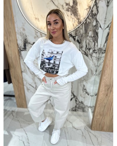 Bluzka z gołębiem By o la la...! śmietana i denim