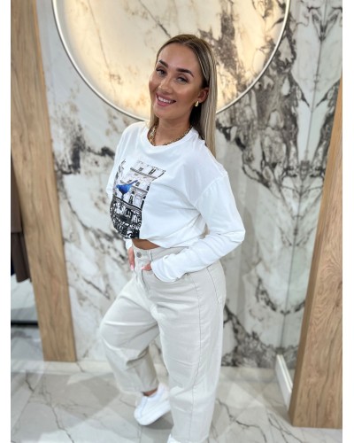 Bluzka z gołębiem By o la la...! śmietana i denim