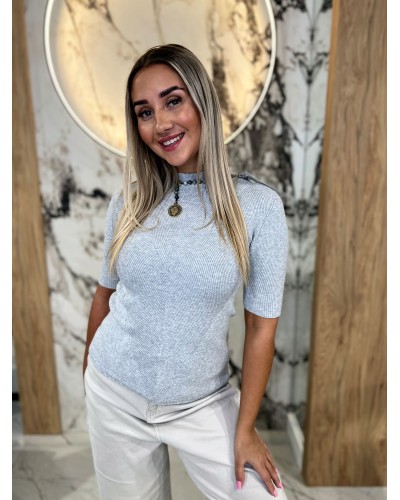 Półgolf prążkowany z krótkim rękawem By o la la...! szary melanż