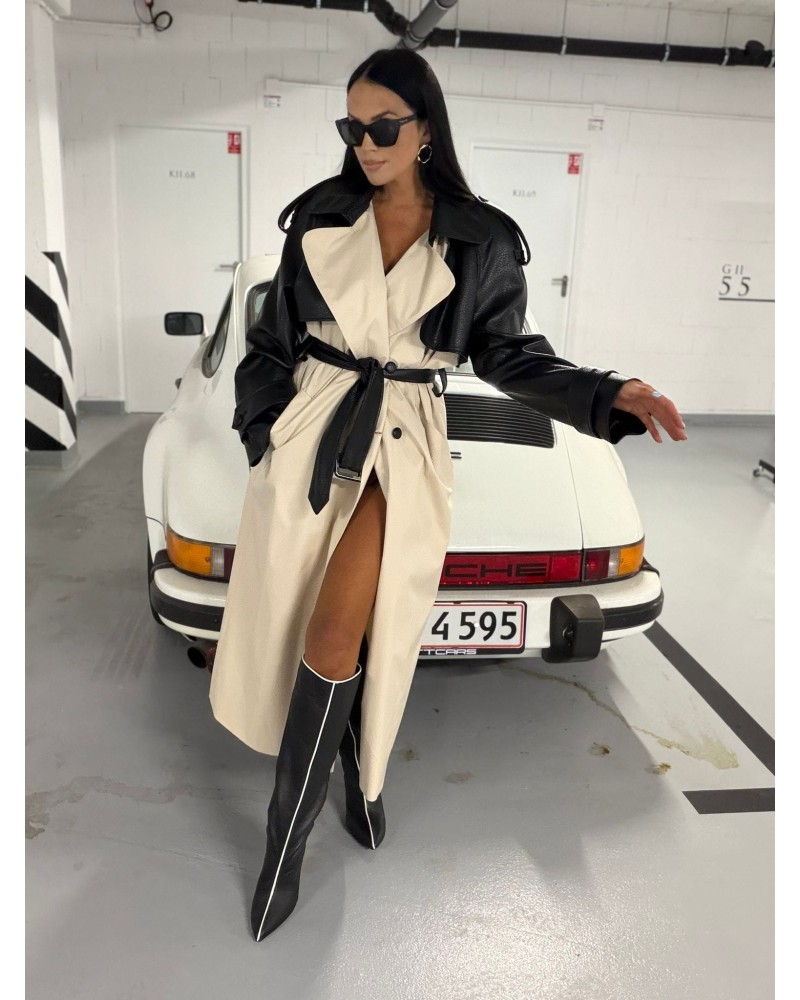 Trencz wiosenny z eko skórą i pagonami La Milla beżowy