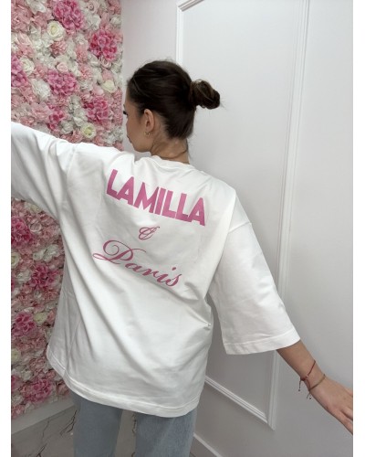 T-shirt z tasiemką La Milla śmietankowa z różem