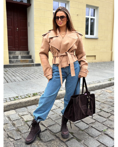 Krótki płaszcz wiązany EMO camel