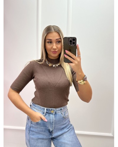 Półgolf prążkowany z krótkim rękawem By o la la...! kakao