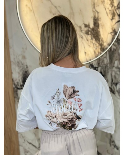 T-shirt z kwiatowym tyłem By o la la...! biały z nude
