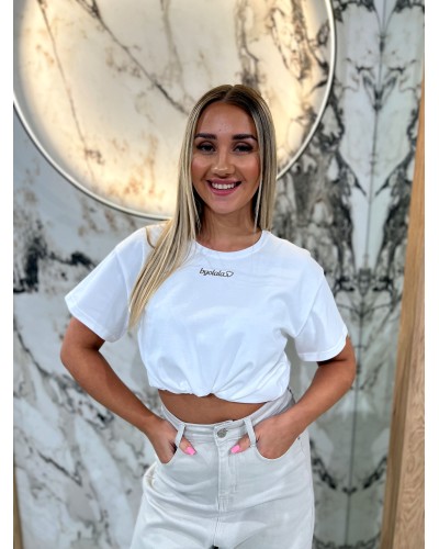 T-shirt z napisem By o la la...! biały z kakao