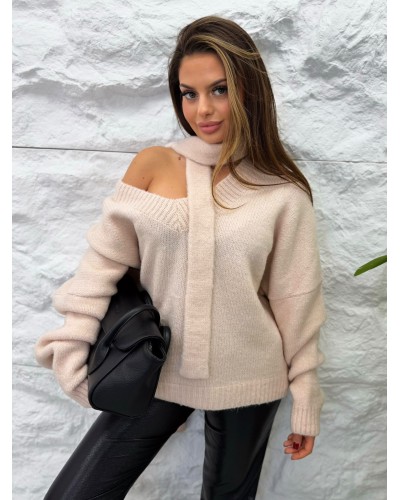 Sweter z szalem La Milla pudrowy róż