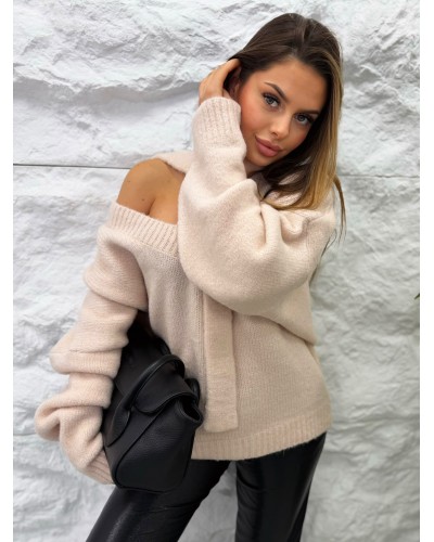 Sweter z szalem La Milla pudrowy róż