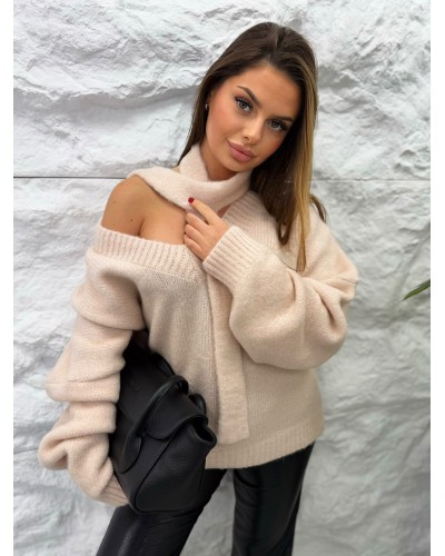 Sweter z szalem La Milla pudrowy róż