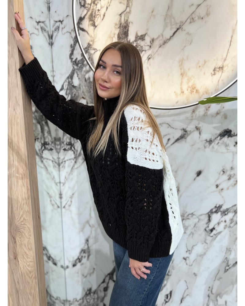 Sweter ażurowy warkocz By o la la...! espresso z perłą