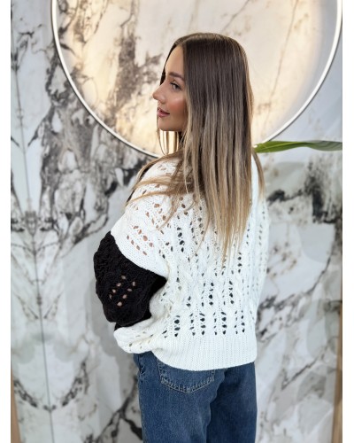 Sweter ażurowy warkocz By o la la...! espresso z perłą