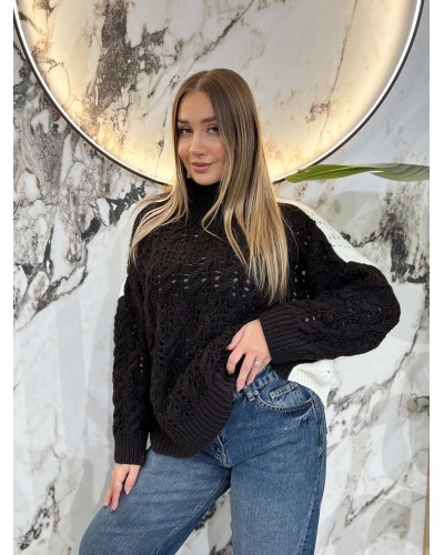 Sweter ażurowy warkocz By o la la...! espresso z perłą