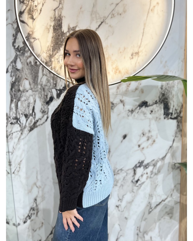 Sweter ażurowy warkocz By o la la...! stone blue z espresso