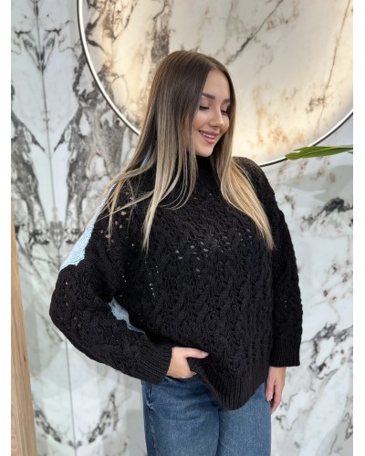 Sweter ażurowy warkocz By o la la...! stone blue z espresso