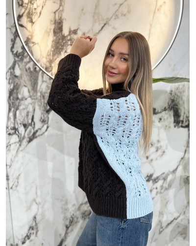 Sweter ażurowy warkocz By o la la...! stone blue z espresso