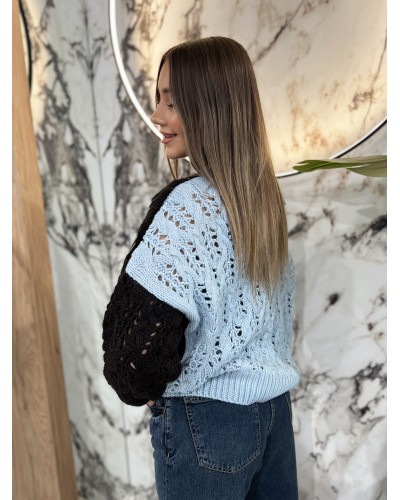 Sweter ażurowy warkocz By o la la...! stone blue z espresso