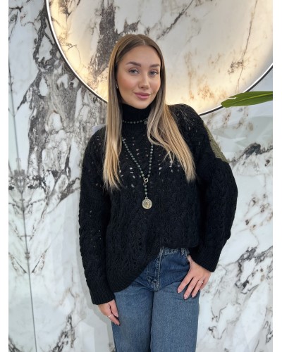 Sweter ażurowy warkocz By o la la...! olive z czarnym