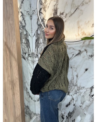 Sweter ażurowy warkocz By o la la...! olive z czarnym