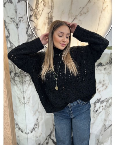Sweter ażurowy warkocz By o la la...! olive z czarnym