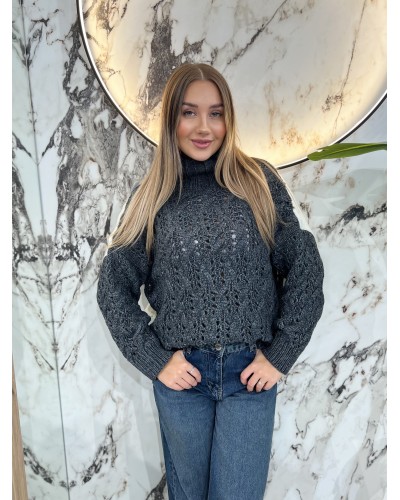 Sweter ażurowy warkocz By o la la...! smoke grey z perłą