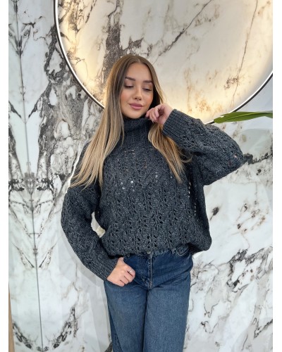 Sweter ażurowy warkocz By o la la...! smoke grey z perłą