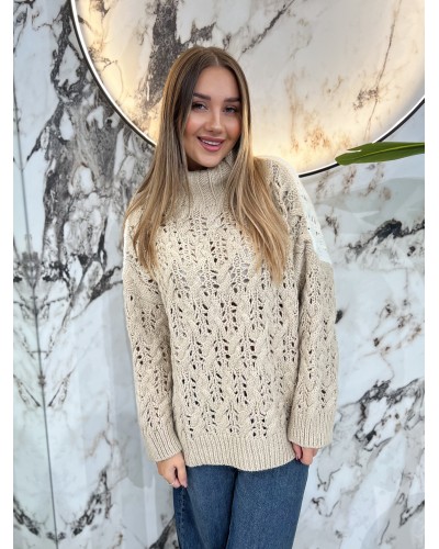 Sweter ażurowy warkocz By o la la...! beż z perłą