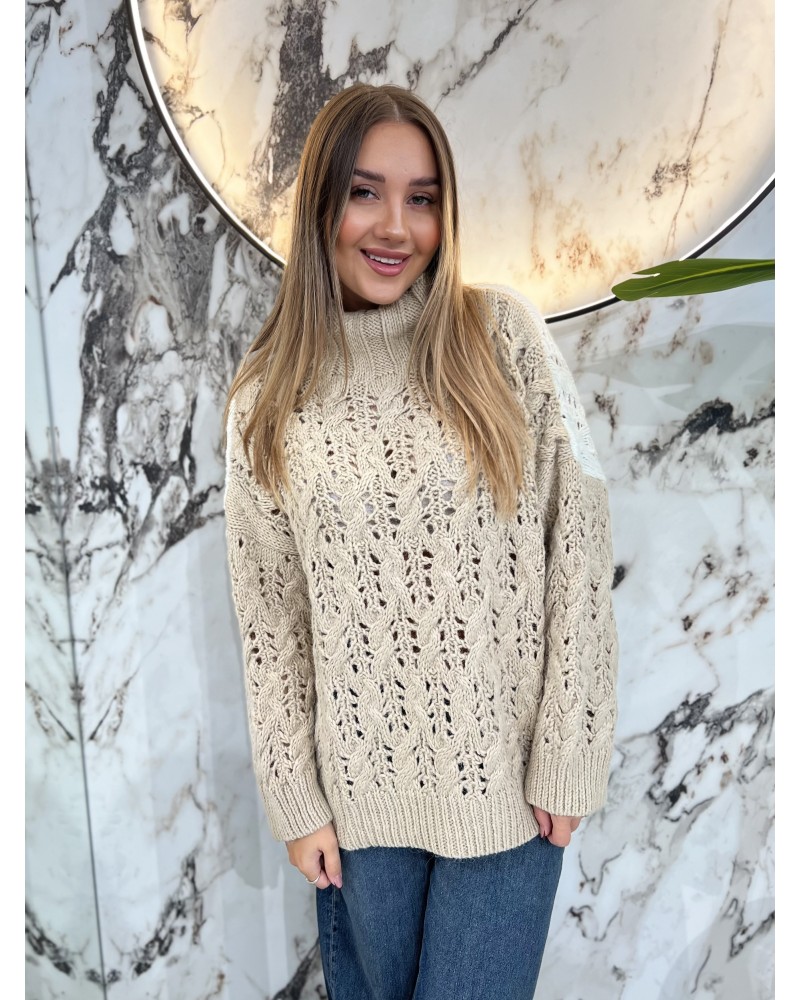 Sweter ażurowy warkocz By o la la...! beż z perłą