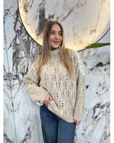 Sweter ażurowy warkocz By o la la...! beż z perłą