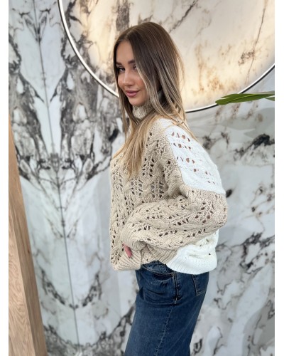 Sweter ażurowy warkocz By o la la...! beż z perłą