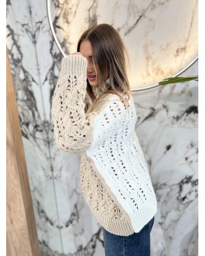 Sweter ażurowy warkocz By o la la...! beż z perłą
